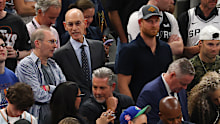 NBA Commissioner Adam Silver and Prince Harry look on during the third quarter in Game Five of the 2026 NBA Finals between the San Antonio Spurs and the New York Knicks