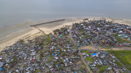 A view from a drone above Praia Nova Village, one of the most affected neighbourhoods in Beira, razed by the passing cyclone.