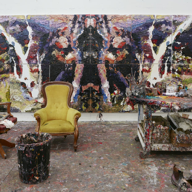  Ben Quilty’s studio at his home in the NSW Southern Highlands; in the background is a work from his Rorschach series, Irin Irinji (2018).