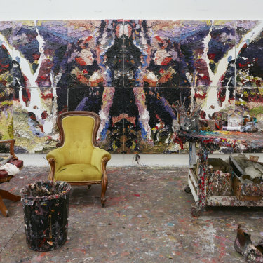  Ben Quilty’s studio at his home in the NSW Southern Highlands; in the background is a work from his Rorschach series, Irin Irinji (2018).