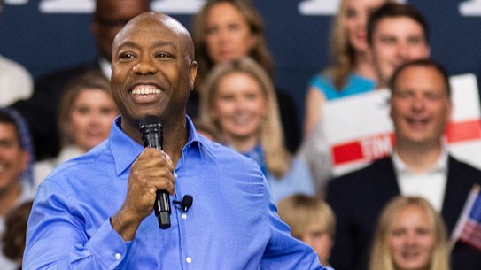 Republican presidential candidate Tim Scott delivers his speech announcing his candidacy for president of the United States on the campus of Charleston Southern University in North Charleston, South Carolina.
