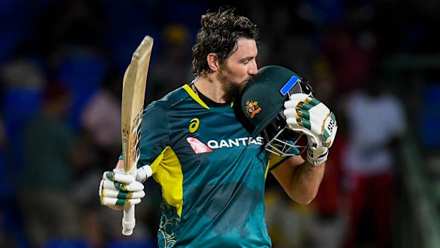 Tim David of Australia celebrates his century during the third T20 against the West Indies. 