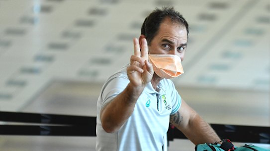 Justin Langer at Brisbane Airport on Tuesday after arriving back from the T20 World Cup.