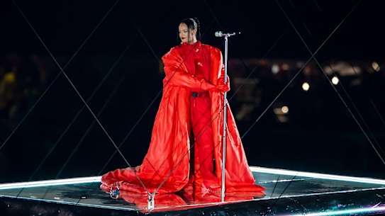 Looking both cool and hot: Rihanna performs at this year’s Super Bowl.