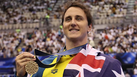 Cam McEvoy after his 50m freestyle gold medal at the world swimming championships.