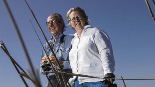 Birdwatching bonanza: Stephen and Lisa Featherstone at the Western Treatment Plant in Werribee.