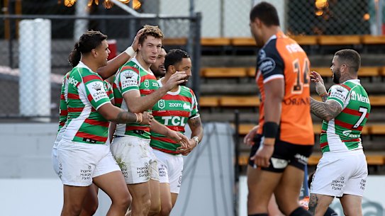 Campbell Graham celebrates a try.
