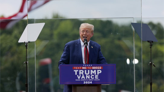 Republican presidential nominee former President Donald Trump speaks during a campaign rally at  in Asheboro, N.C.