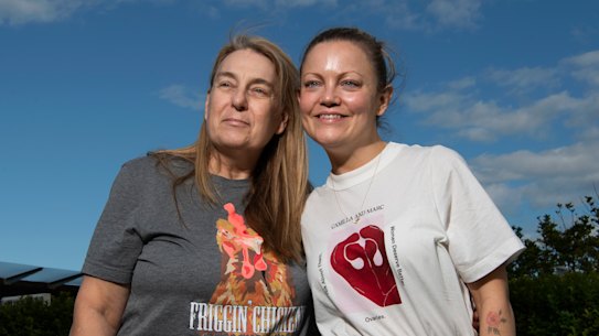 Madonna, uterus donor with Prue the recipient outside the Royal Women’s Hospital.  Prue is Australia’s second ever uterus transplant recipient. Randwick. April 11, 2023. Photo: Louise Kennerley SMH