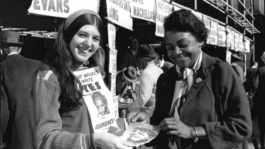 Aboriginal activist Faith Bandler (right) prepares to cast her vote at Sydney Town Hall on May 27, 1967
