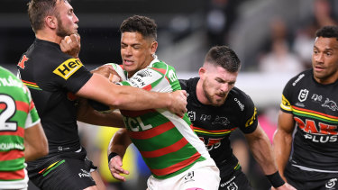 Dane Gagai takes some punishment against the Panthers, who have had the best defence in the NRL for two years.
