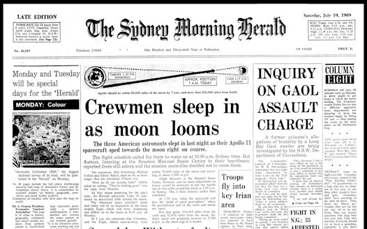 Sleeping spacemen on the front page of the Herald on July 19, 1969.