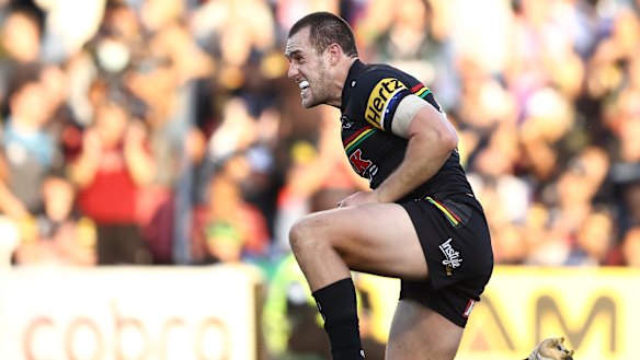 Isaah Yeo celebrates a try against the Raiders.