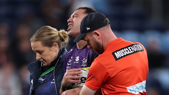 Jahrome Hughes after dislocating his shoulder against the Roosters last season.