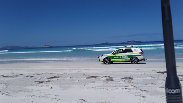 Emergency services at Kelp Beds beach Esperance responding to potential shark attack. 