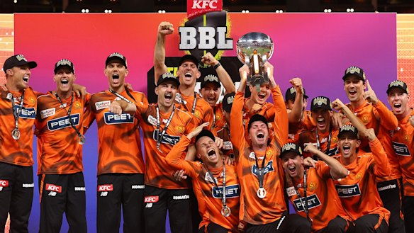 The Perth Scorchers celebrate winning the BBL title in January.