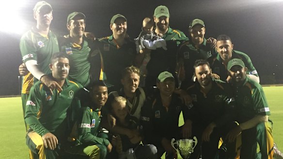 Weston Creek Molonglo players celebrate their 2019 John Gallop Cup one-day cricket final win against Queanbeyan.