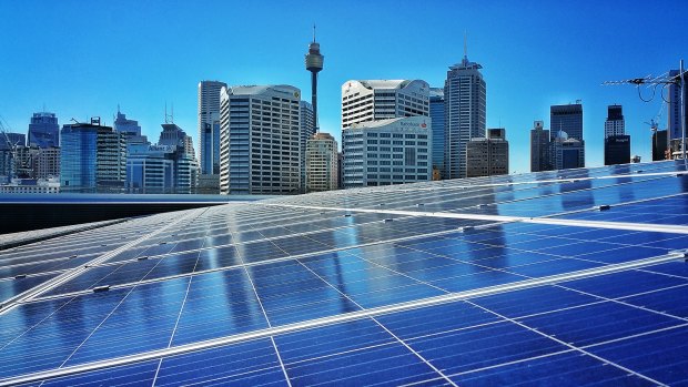 The solar installation at Sydney’s International Convention Centre. Australia has become a world leader in renewable energy.