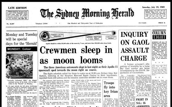 Sleeping spacemen on the front page of the Herald on July 19, 1969.