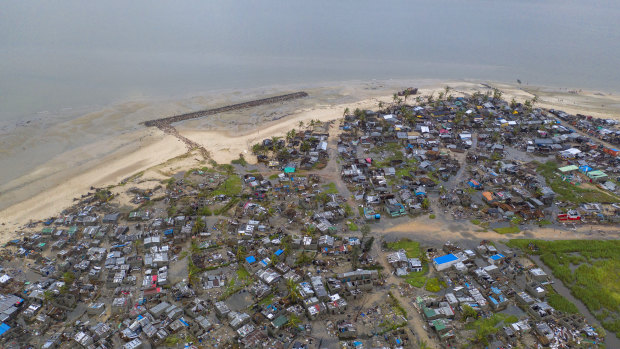A view from a drone above Praia Nova Village, one of the most affected neighbourhoods in Beira, razed by the passing cyclone.