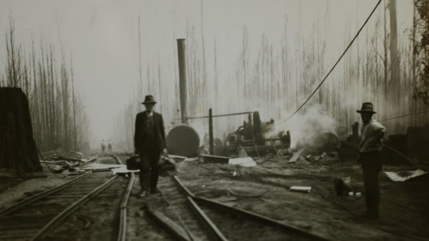 Workers leaving the Noojee area in Gippsland after the 1939 Black Friday  bushfires.