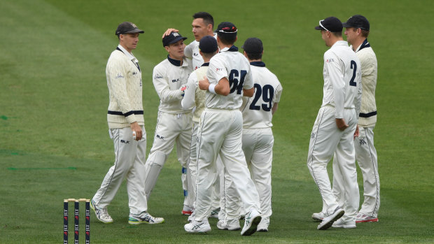 Scott Boland (third from left) and teammates celebrate  after the Victorian bowler snares an other South Australian wicket.