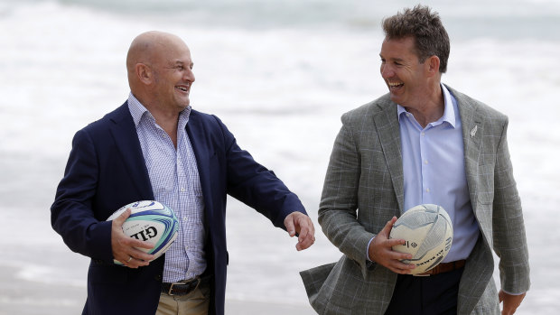 Happier times: New Zealand Rugby boss Mark Robinson, right, with interim Rugby Australia chief Rob Clarke in 2020.