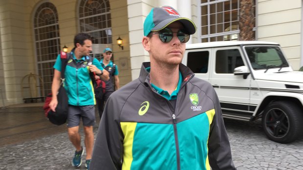Facing up: Steve Smith leaves his Cape Town hotel as the ball-tampering scandal blew up in March.