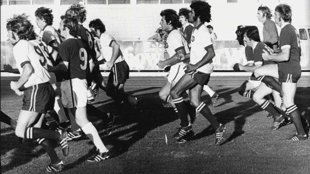 The Australian soccer team trains for the World Cup in Sydney, 1974. 