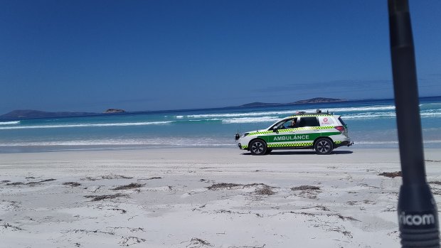 Emergency services at Kelp Beds beach Esperance responding to potential shark attack. 