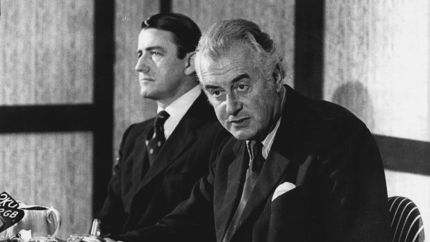The Prime Minister, Mr Gough Whitlam with the Leader of the NSW Opposition, Mr Neville Wran at a press conference in the Boulevarde Hotel, William Street, Sydney, on May 7, 1974.