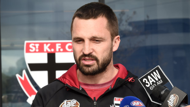 Jarryn Geary, one of the sidelined Saints, faces the media on Tuesday.