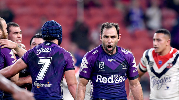 Cameron Smith celebrates the Storm's victory over the Roosters.