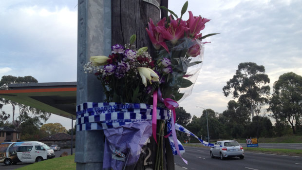 A floral tribute left near the scene of the double fatality hit-run at Wantirna South on Saturday.