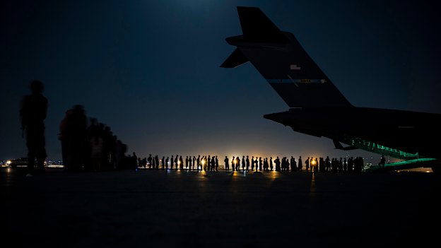 A US Air Force image of the evacuation at evacuation at Hamid Karzai International Airport, Kabul, in the days before the bombing.