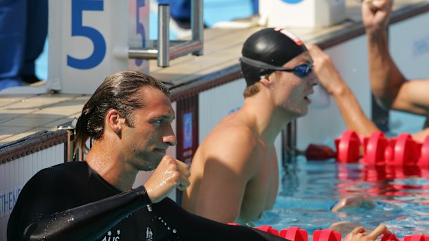 Ian Thorpe wins his 200m freestyle heat as Pieter van den Hoogenband looks on. 