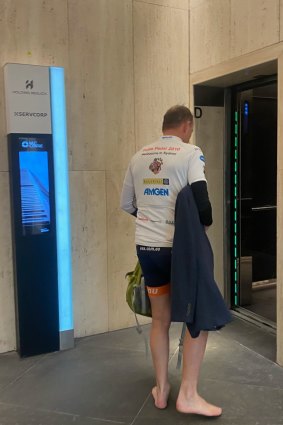 Tony Abbott entering the lift at Sydney’s MLC Building where he has his new office. 