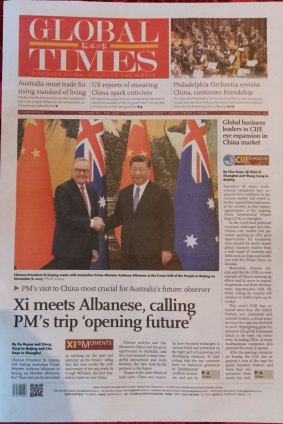 The front page of Chinese newspaper, the Global Times.