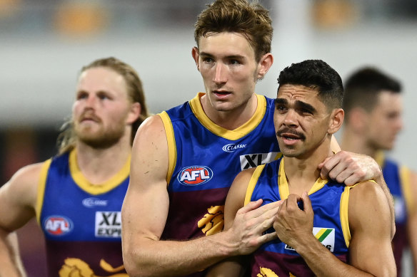 Harris Andrews and Charlie Cameron speak after their preliminary final loss to Geelong.