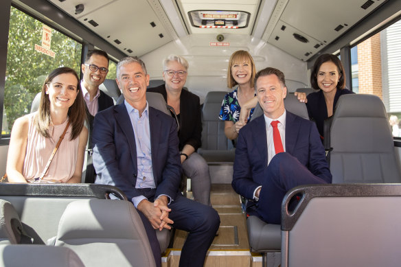 Chris Minns boarded his bus with Labor colleagues (from left) Courtney Houssos, Daniel Mookhey, John Graham, Penny Sharpe, Jo Hayden, and deputy leader Prue Car last Sunday.