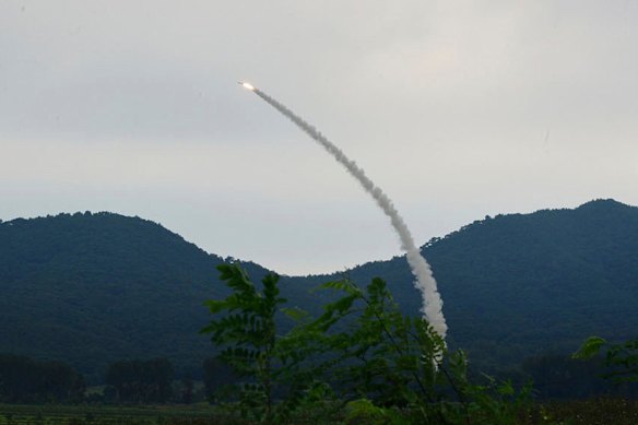 A photo provided by the North Korean government showing the test-firing of the new anti-air missile.