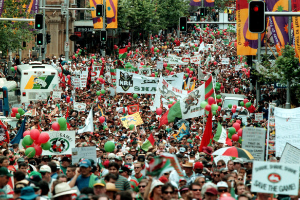 The South Sydney Rugby League Club’ s Save the Game rally in George Street 2000. They were protesting  their exclusion from the NRL competition.