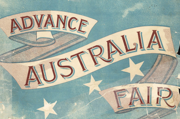 "Respectfully dedicated to the sons and daughters of Australia, played as a march by the military bands and sung with great success [at] patriotic celebrations." Detail of cover of Advance Australia Fair sheet music, published b W. H Paling & Co.