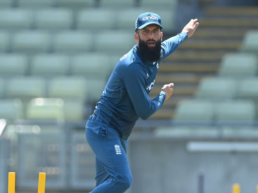 Moeen Ali bowling at England training on Tuesday.