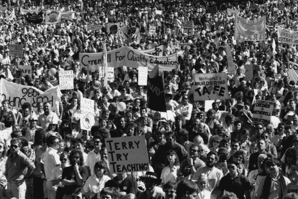 Striking teachers rally in Sydney in 1988. Today’s teachers would need a 15 per cent pay rise to restore them to their wage status three decades ago alongside comparable professions.