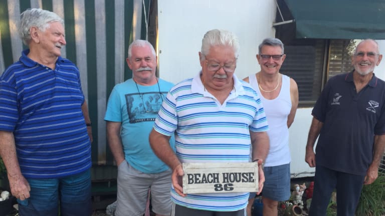 Coolum Beach caravan resident Bob Davidson and his four mates; Darcy Sutton, Mark Duggan, John Jackson and Ken Cameron - have lived at Coolum Beach Holiday Park for 80 years.