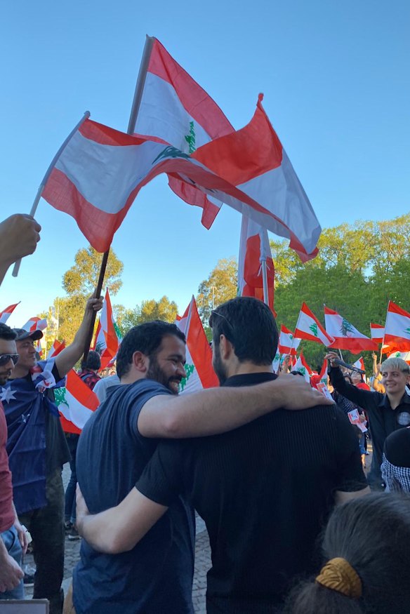 Members of the Lebanese-Australian community in Melbourne demonstrate in solidarity with Lebanon's anti-government protesters in Carlton on Wednesday.