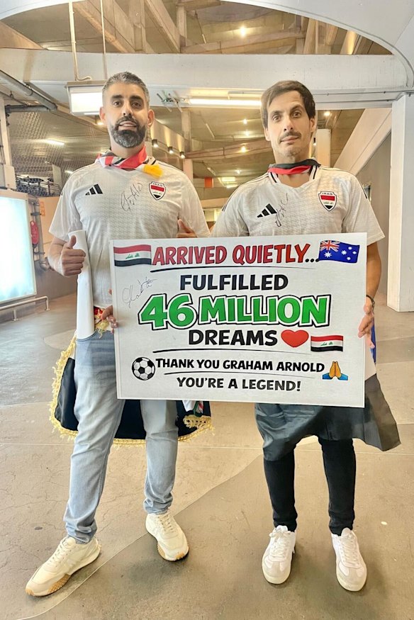 Ramy and Tony wait for Graham Arnold to arrive at Sydney airport.