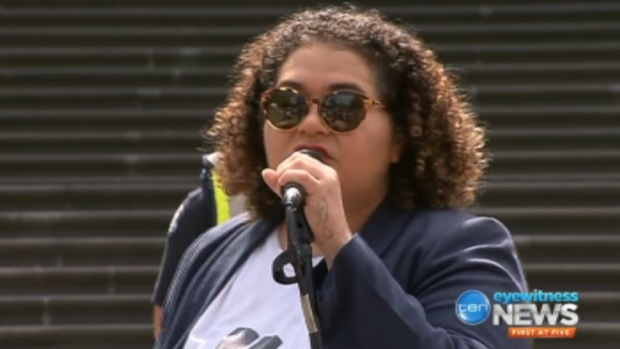 Tarneen Onus-Williams speaks at the 'Invasion Day' rally 