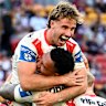 Young forwards Ryan Couchman and Loko Pasifiki Tonga celebrate the Dragons breakthrough win.